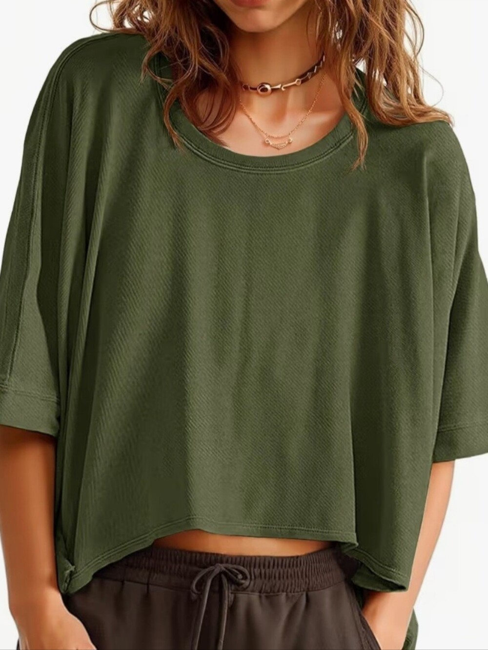 Army Green Relaxed Crop Women's Top Large